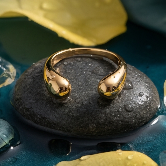 Sleek Minimalist Adjustable 18K Gold Plated Stainless Steel Open Cuff Ring - Picture 5 of 13